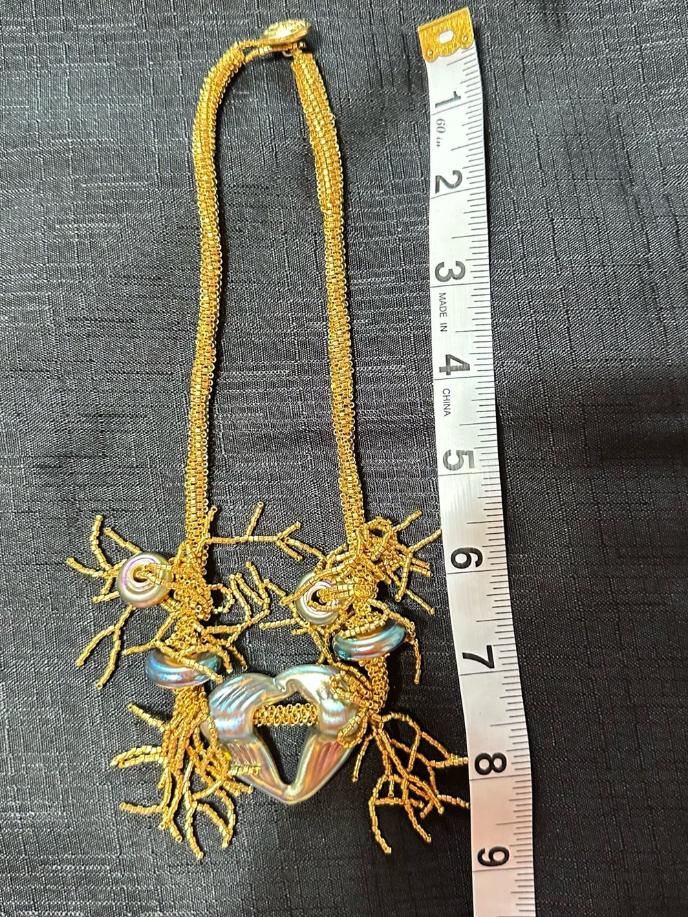 Gold-Tone Heart Pendant Necklace with Iridescent Shell Accents